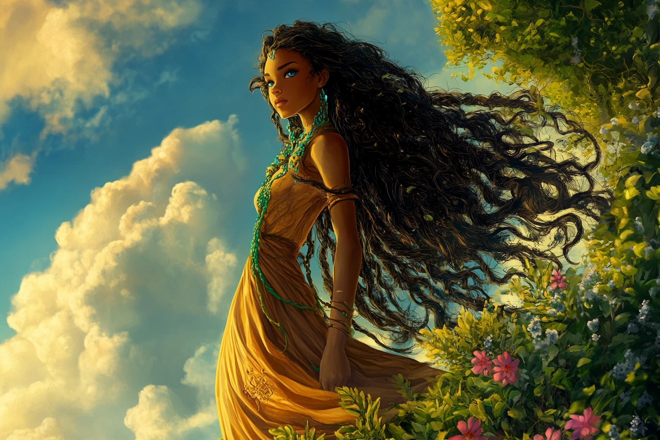 Serene goddess on a hill surrounded by lush greenery