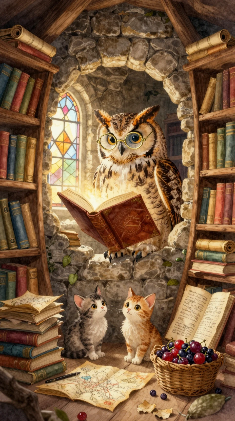 Búho erudito leyendo en una acogedora biblioteca en torre circular