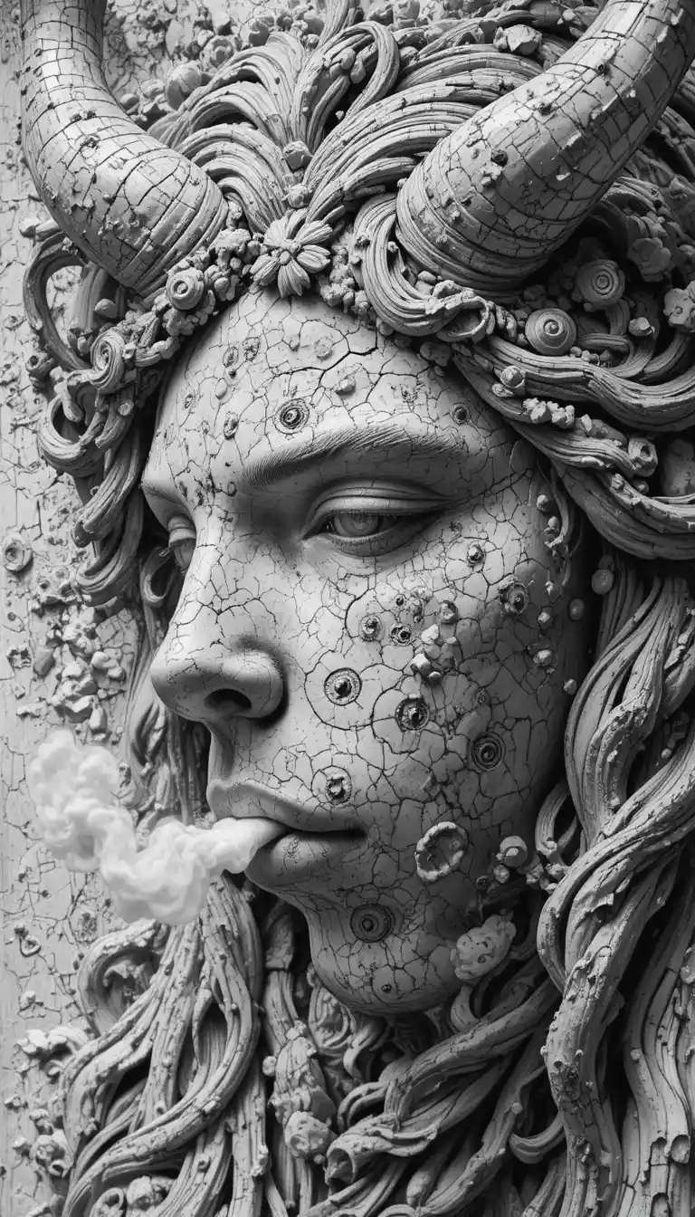 Close up bas relief face of smoking female demon statue