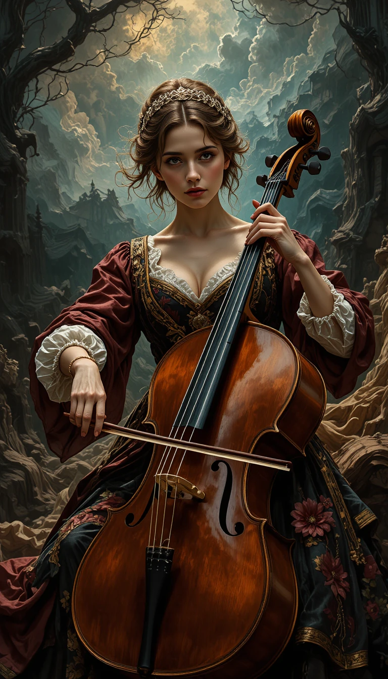 Violoncellista in costume barocco tra sfondo tempestoso e simbolico
