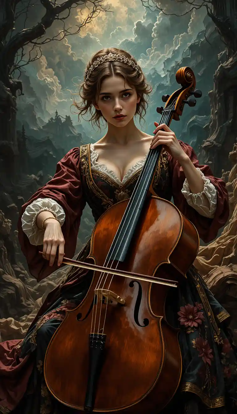 Violoncellista in costume barocco tra sfondo tempestoso e simbolico