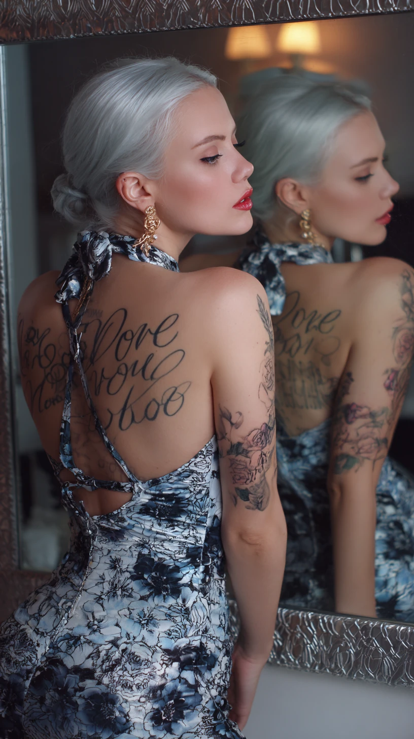 Silver haired woman with back tattoo in mirror reflection
