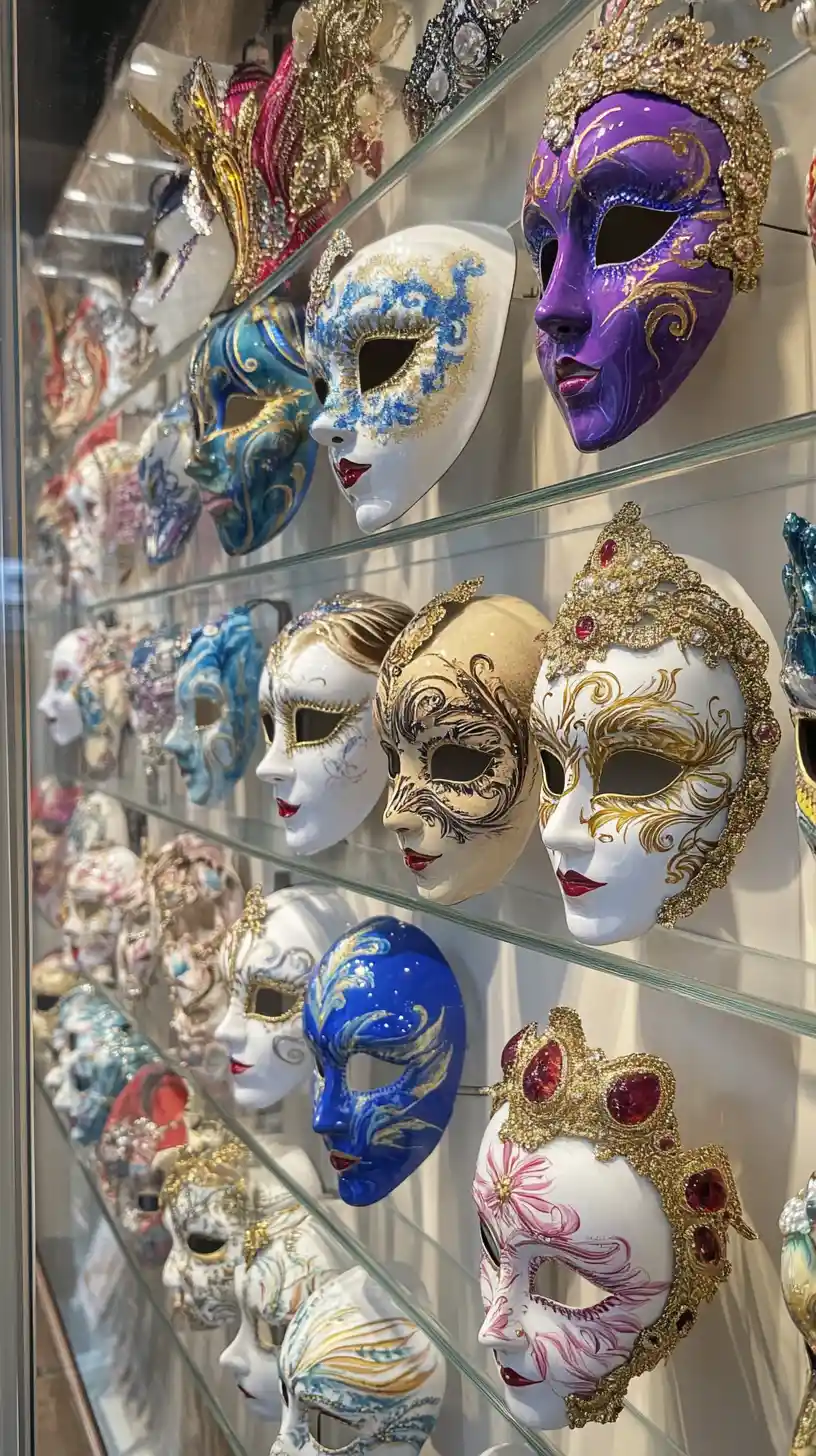 Venetian carnival masks displayed in elegant glass frames
