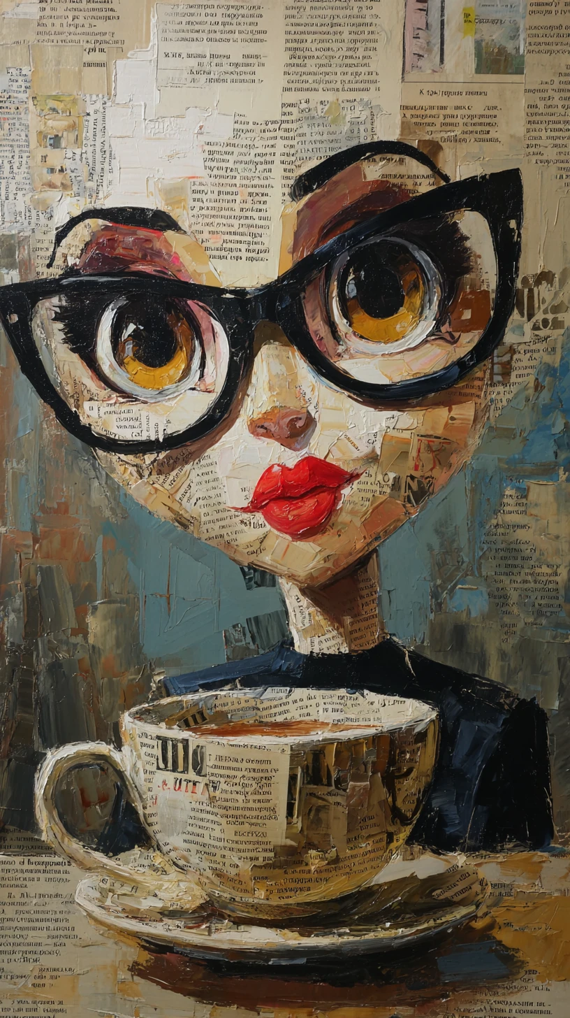 Personaje de Taza de Café Surrealista Escribiendo en una Biblioteca Acogedora