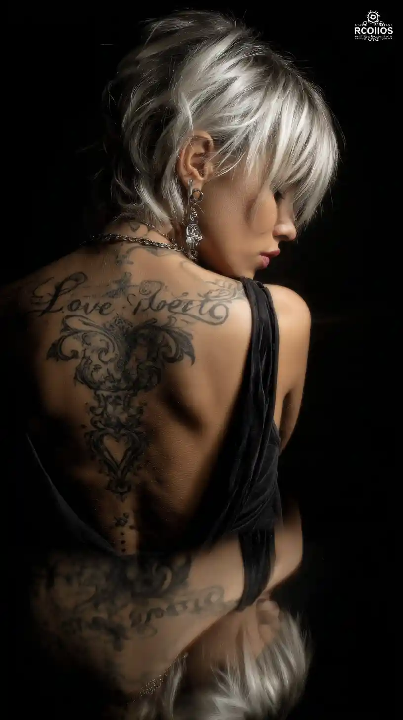Silver haired woman showing back tattoo before a mirror