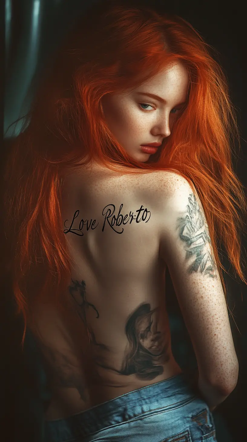 Red haired woman on her back with mirror reflection