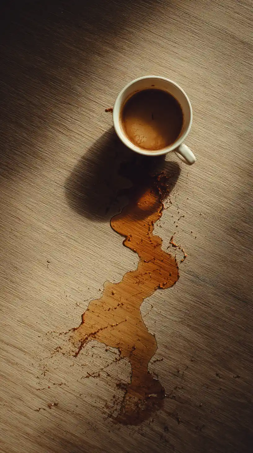 Taza de café derramada formando una silueta humana
