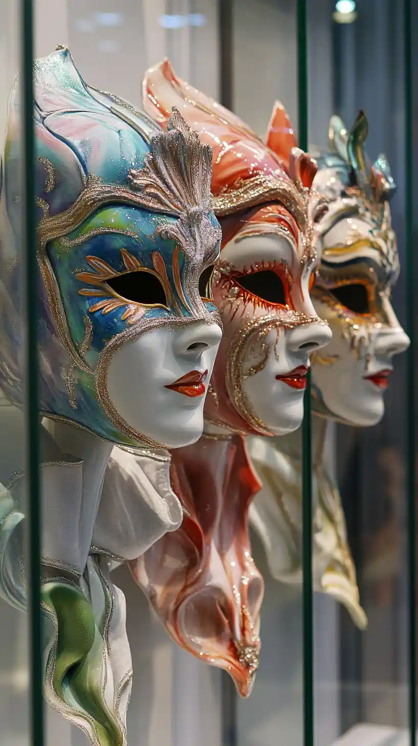 Máscaras de carnaval venecianas en elegantes marcos de vidrio
