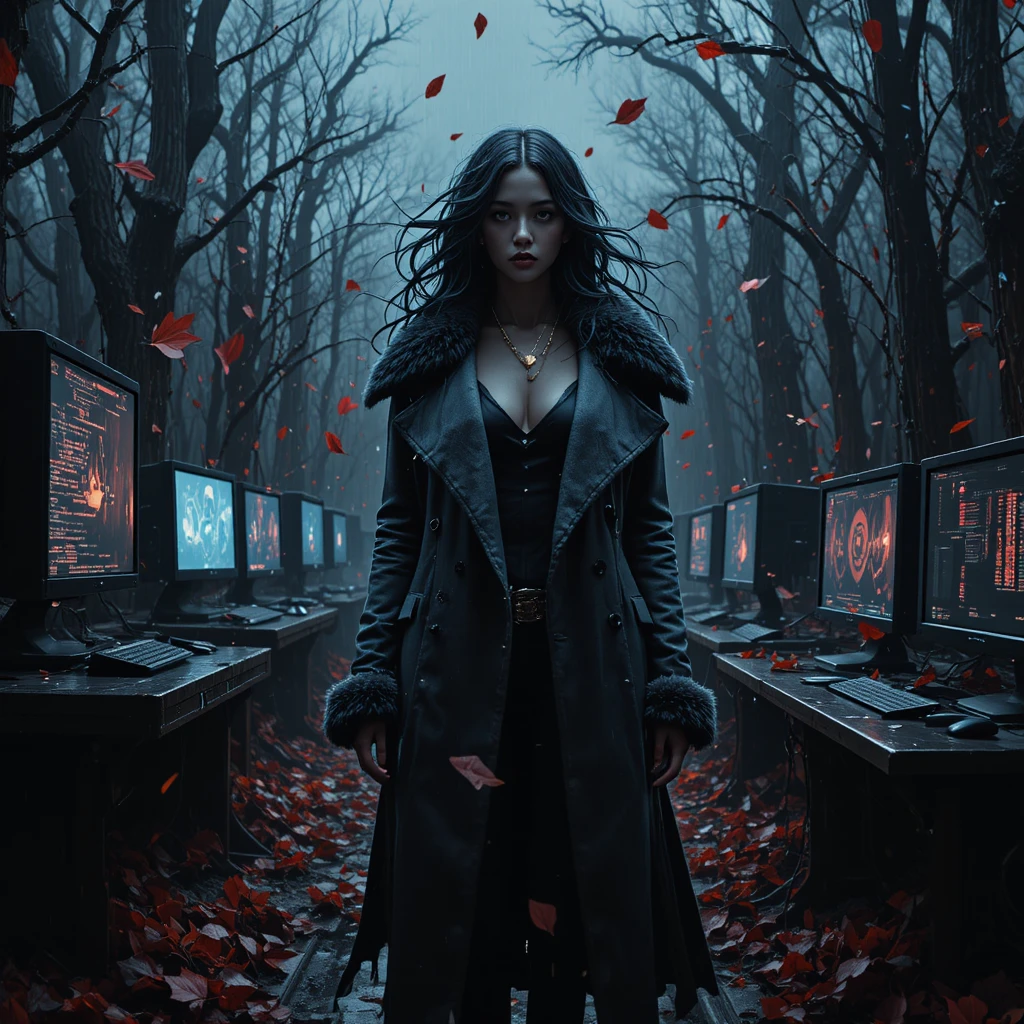 Cyberpunk heroine between dying forest and hacker screens