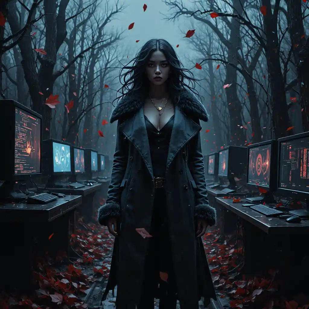 Cyberpunk heroine between dying forest and hacker screens