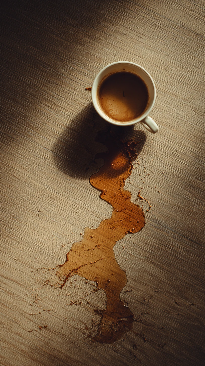 Taza de café derramada formando una silueta humana