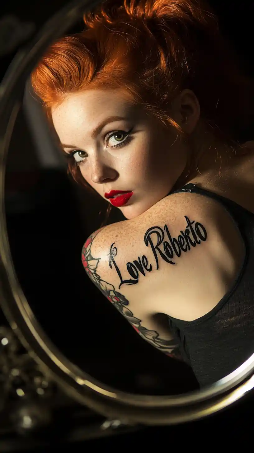 Glamorous red haired woman with tattoo reflected in mirror