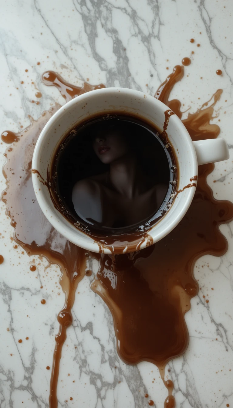 Rostro sensual que emerge del café derramado sobre una mesa