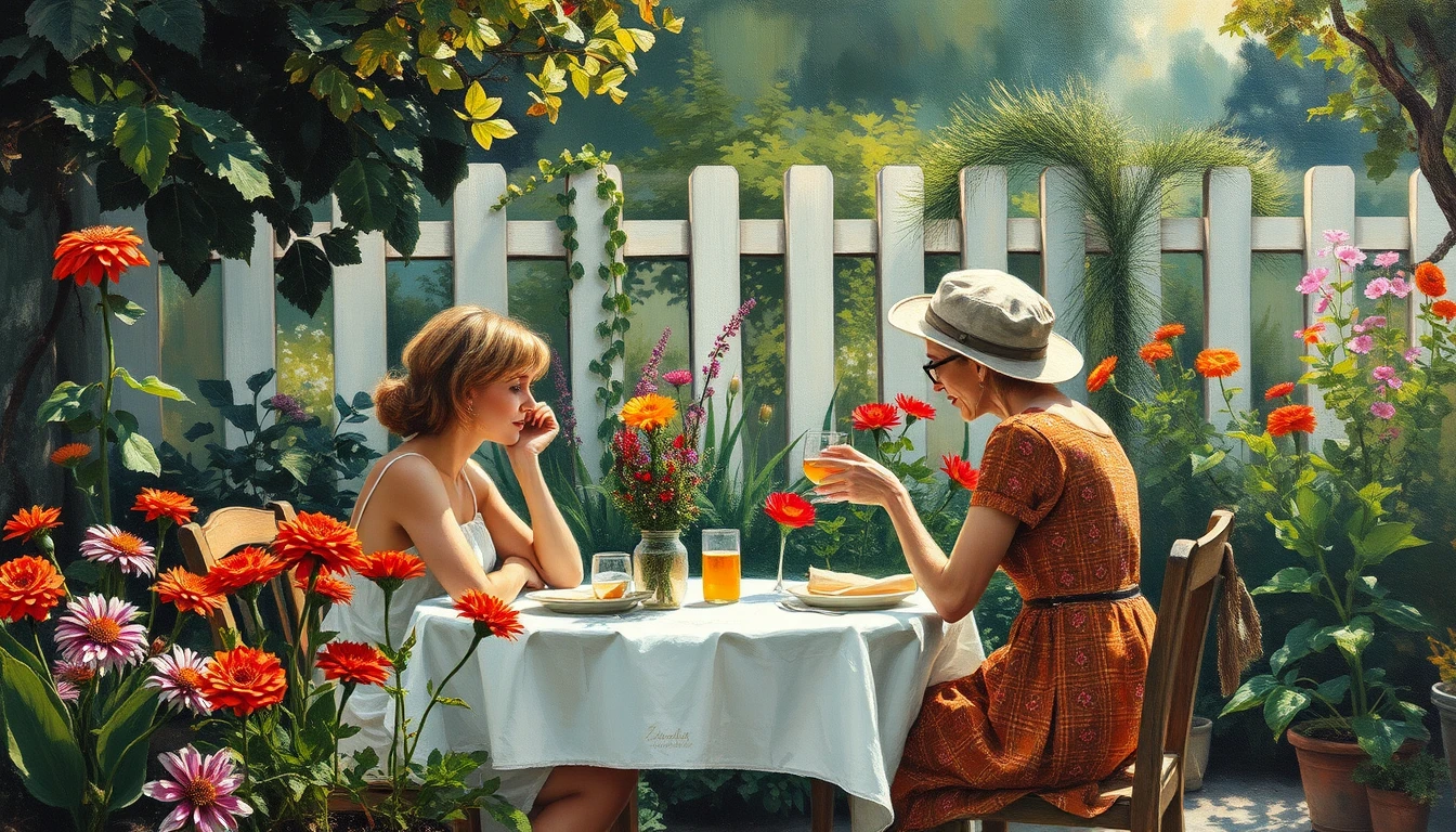 Couple Déjeunant dans un Potager Luxuriant