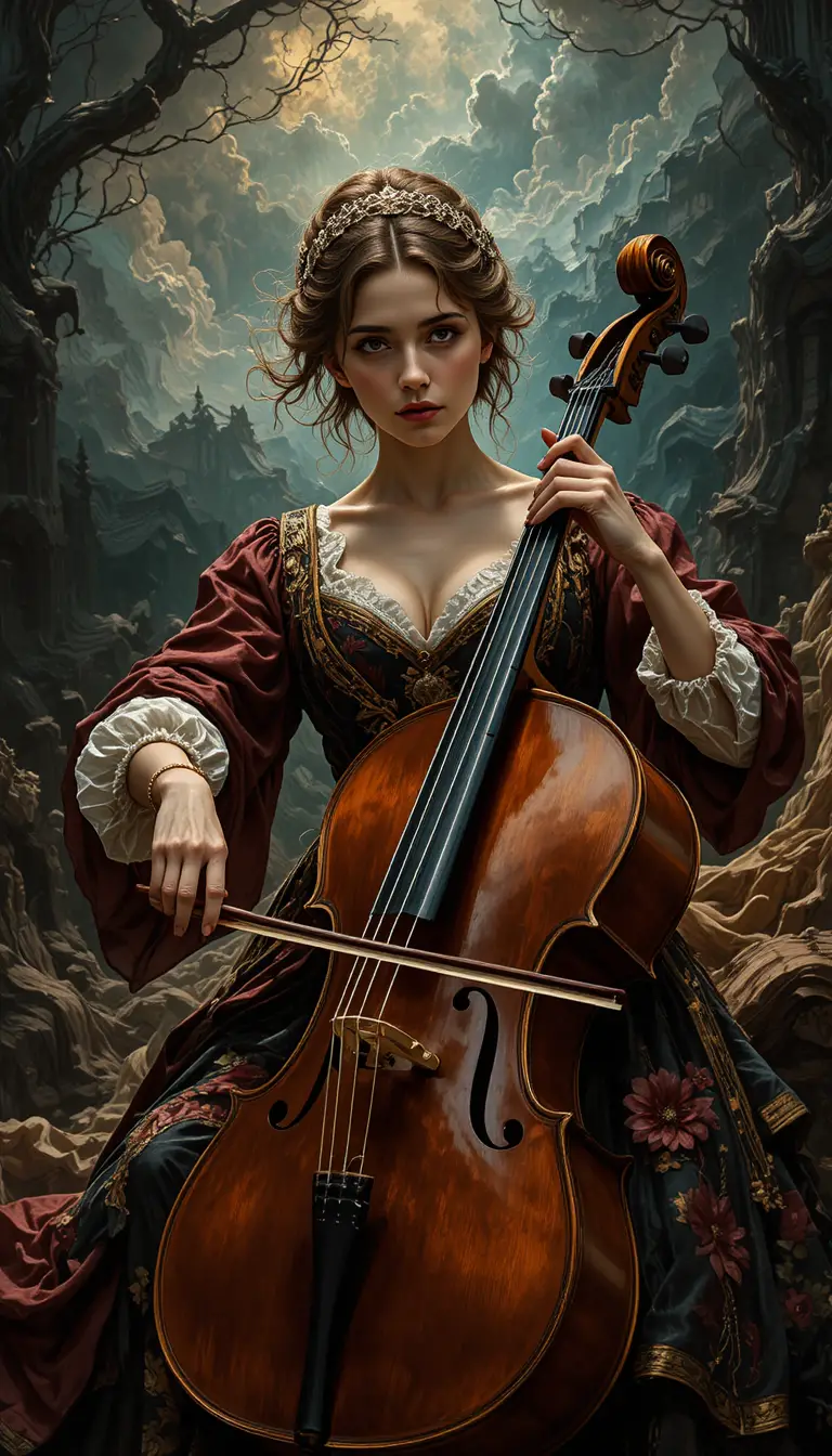 Woman cellist in baroque costume amid stormy symbolic backdrop