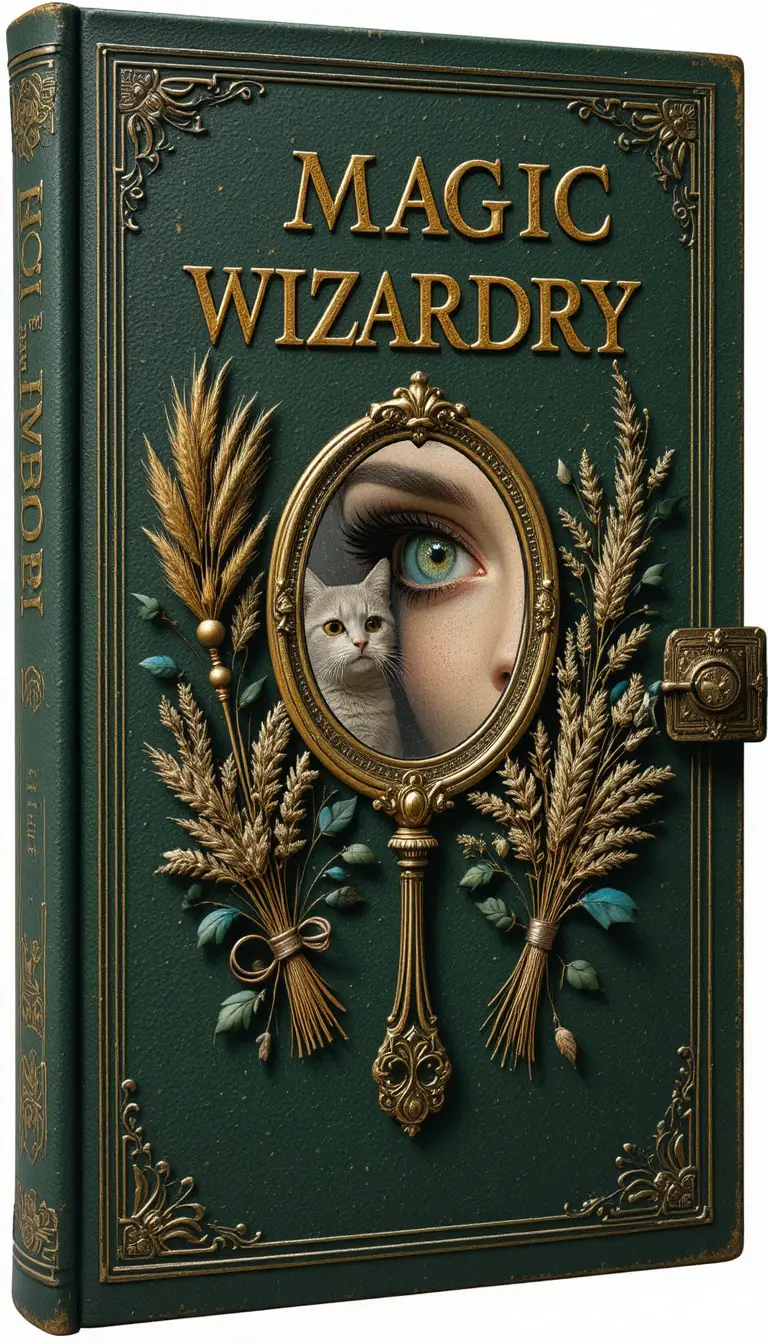 Green magic book cover with mirror and cat illustration