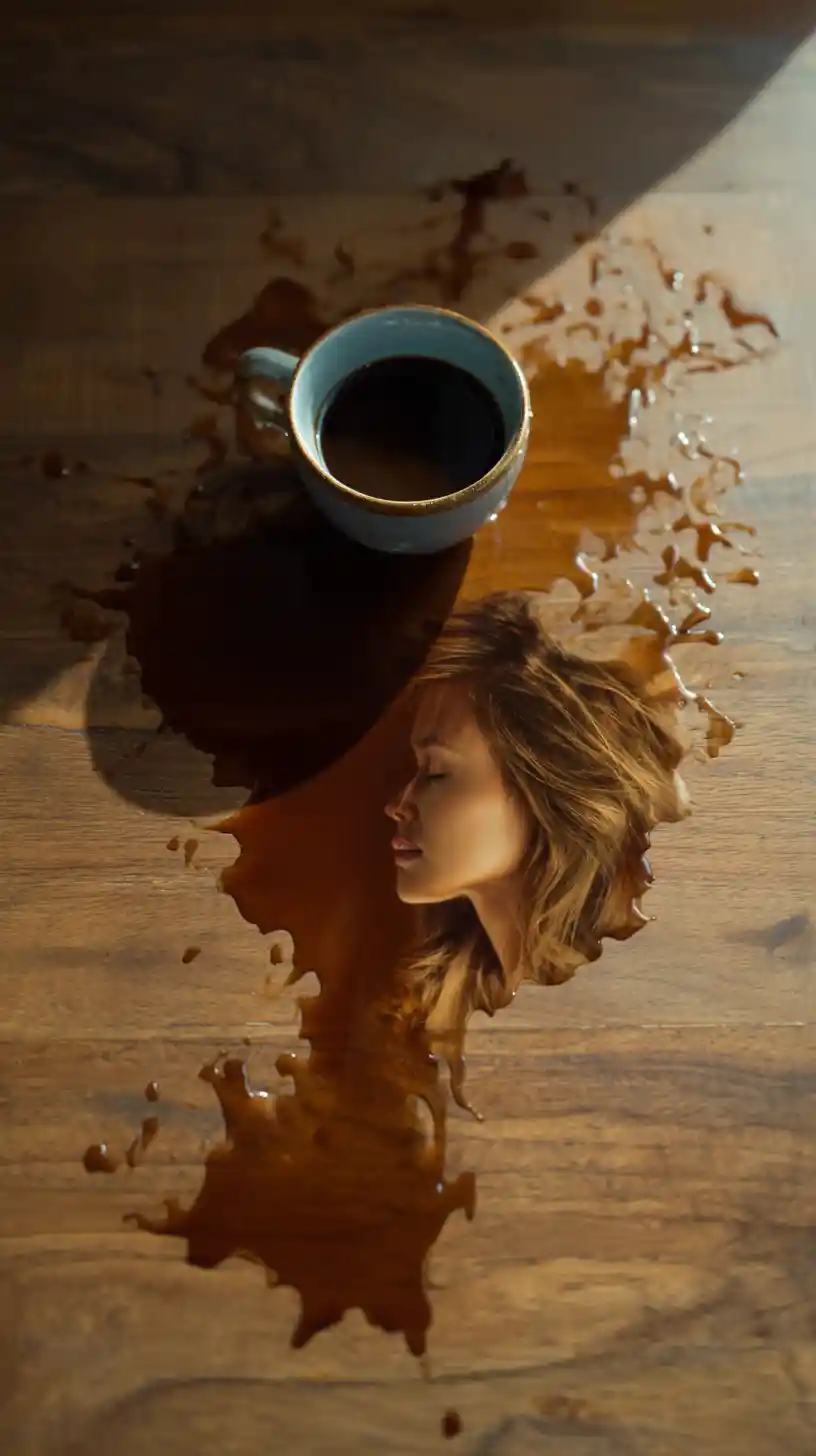 Spilled Coffee Forming A Womanly Silhouette On A Table