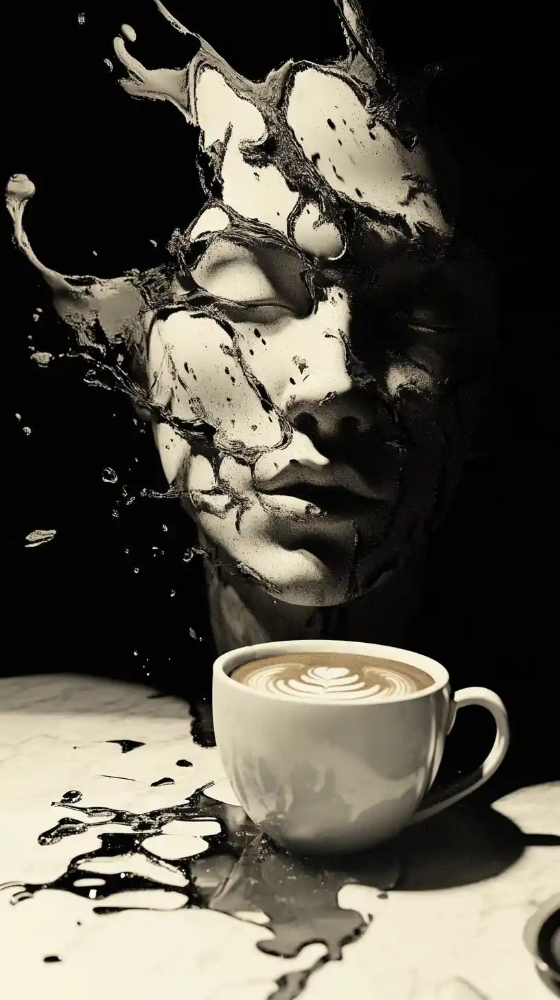Verschütteter Kaffee bildet ein Gesicht und eine geschwungene menschliche Silhouette