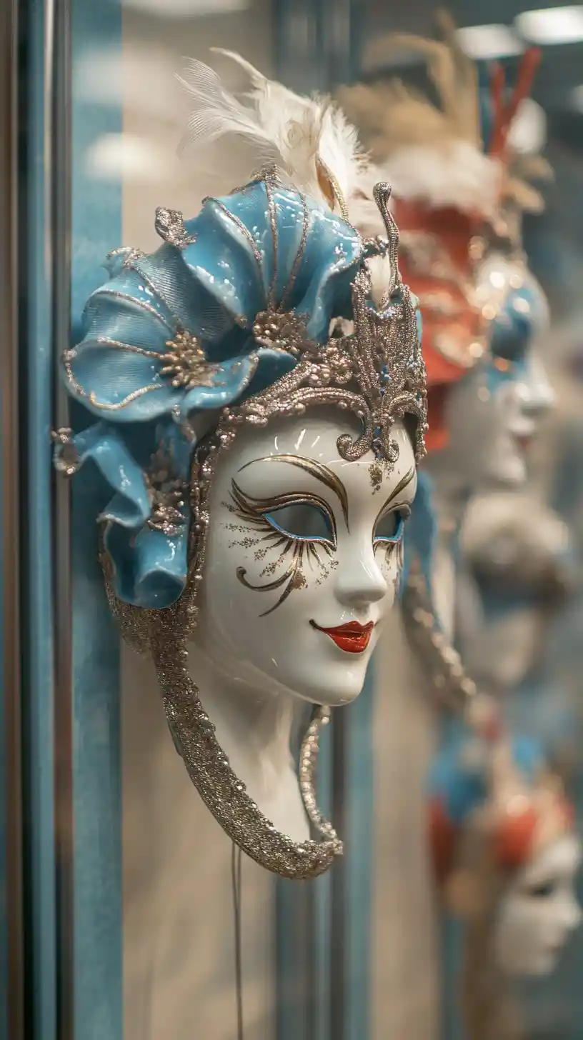 Coloridas máscaras de carnaval venecianas enmarcadas en una pared interior