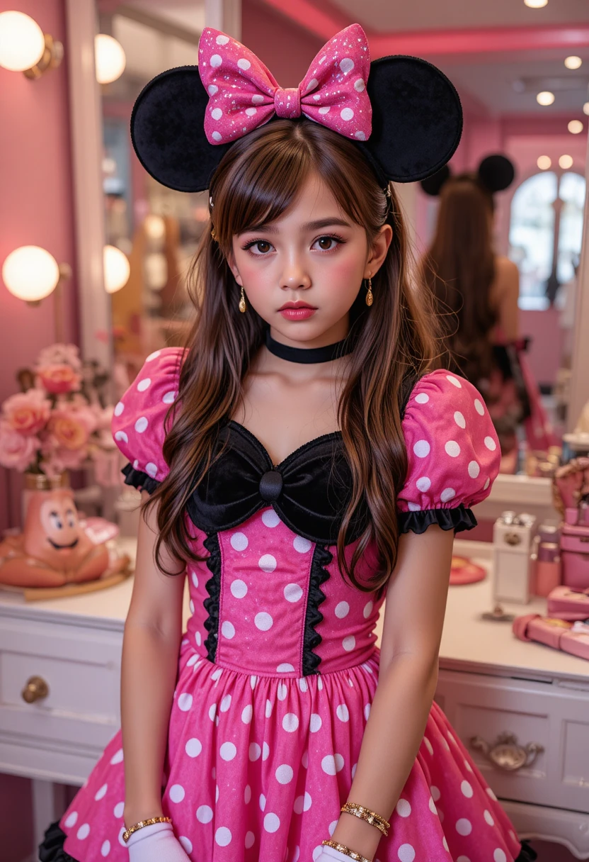 Chico preadolescente nervioso con atuendo de Minnie Mouse en tocador de boutique