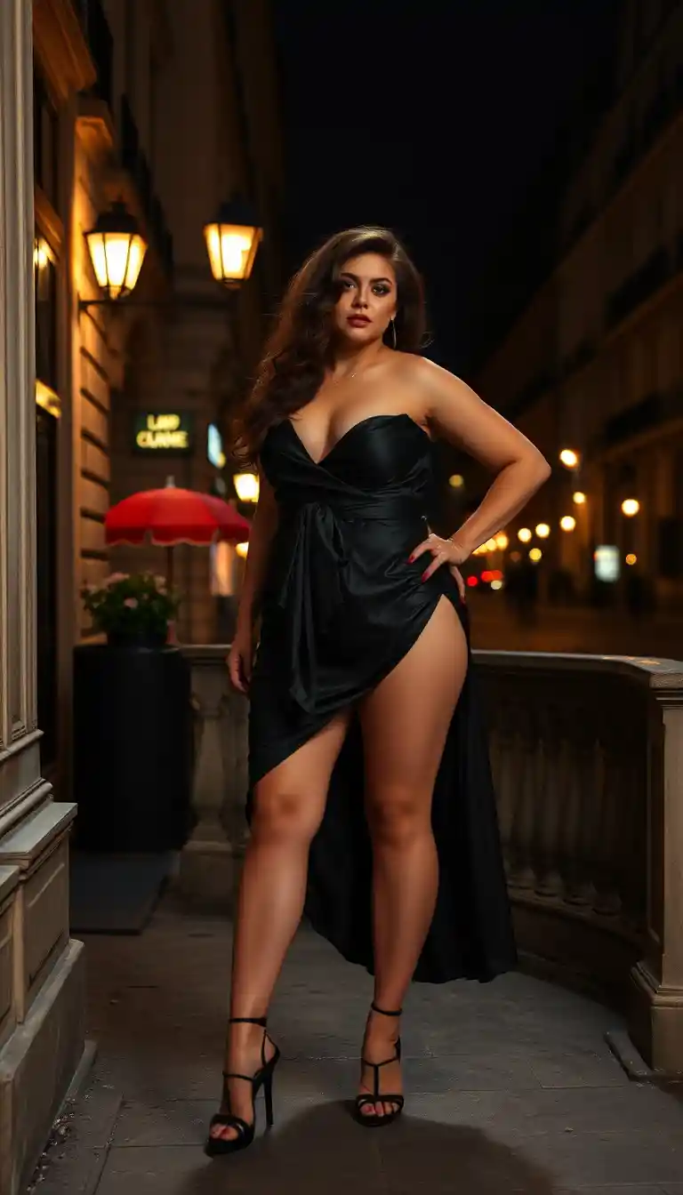 Whimsical stylish woman in a dress with Paris at night