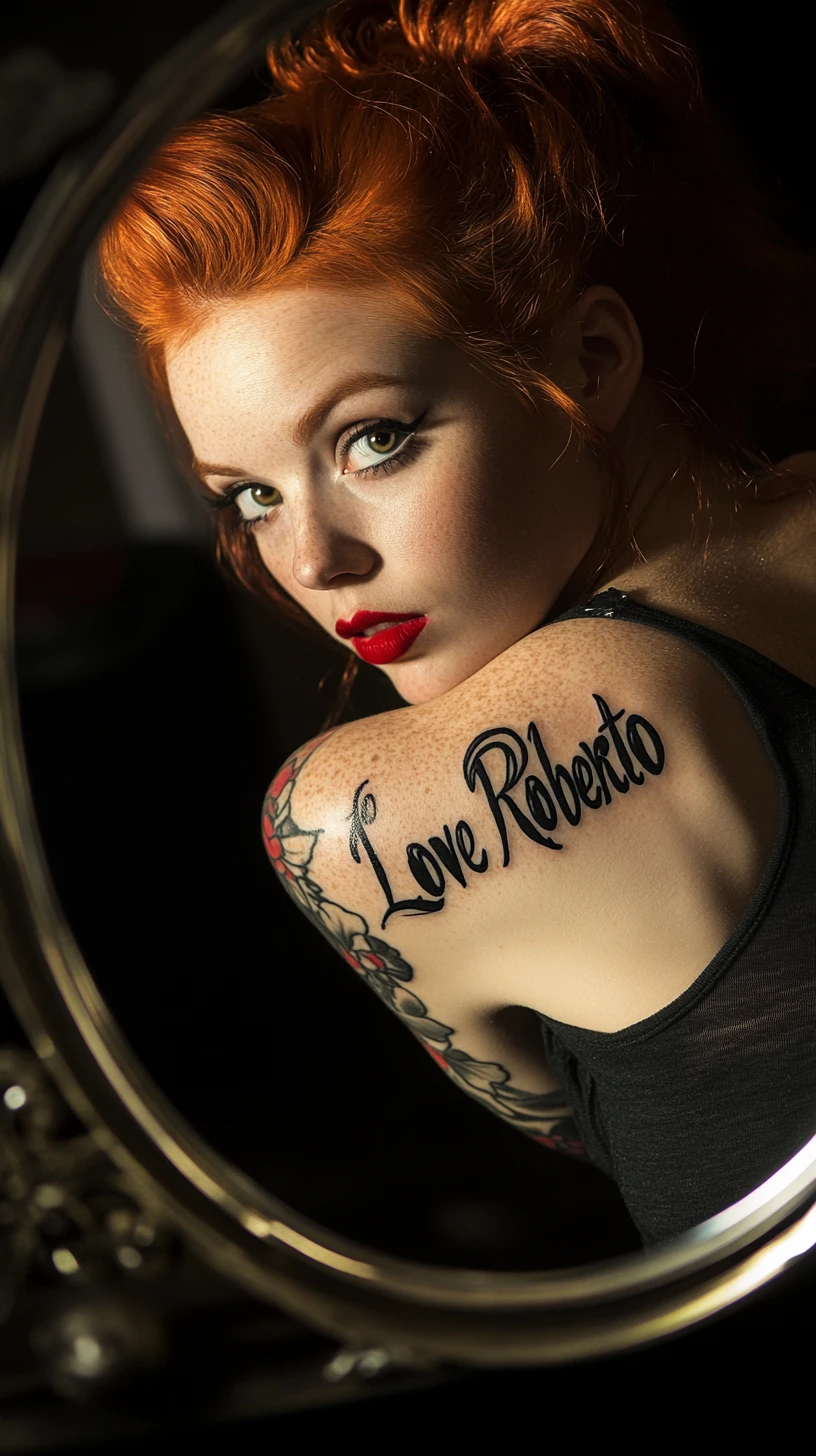 Glamorous red haired woman with tattoo reflected in mirror