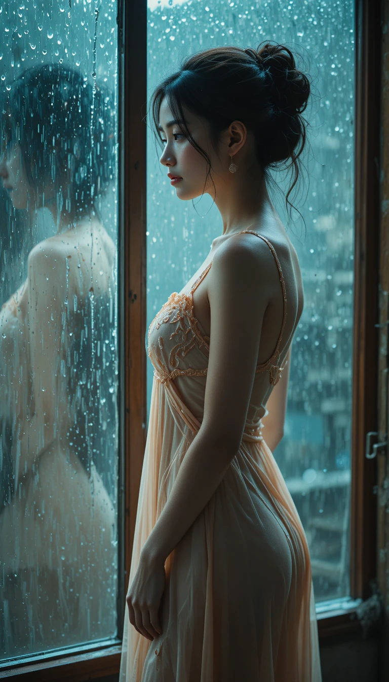 Melancholic woman in sheer peach nightgown by rainy window