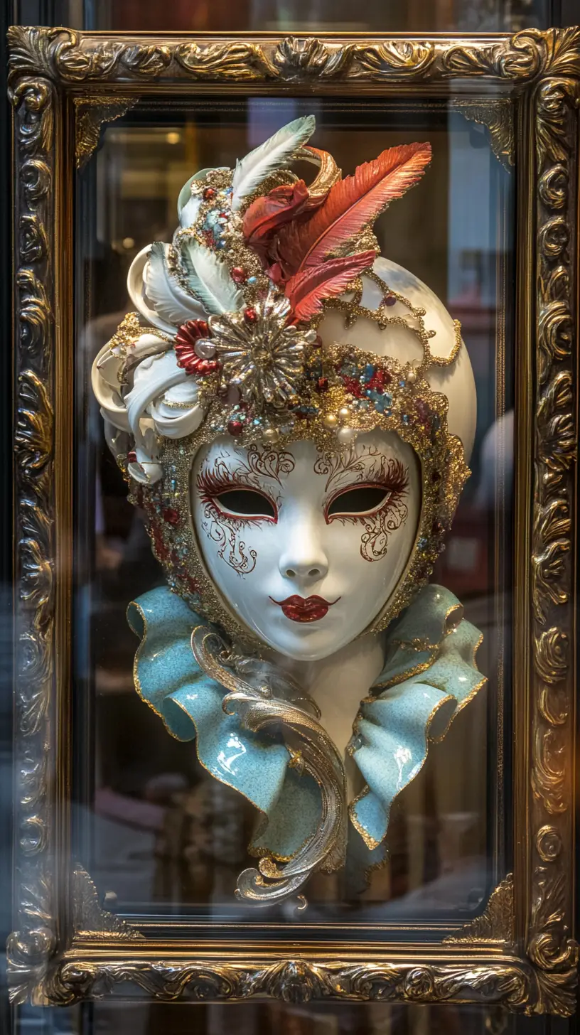 Colorful venetian carnival masks framed on interior wall