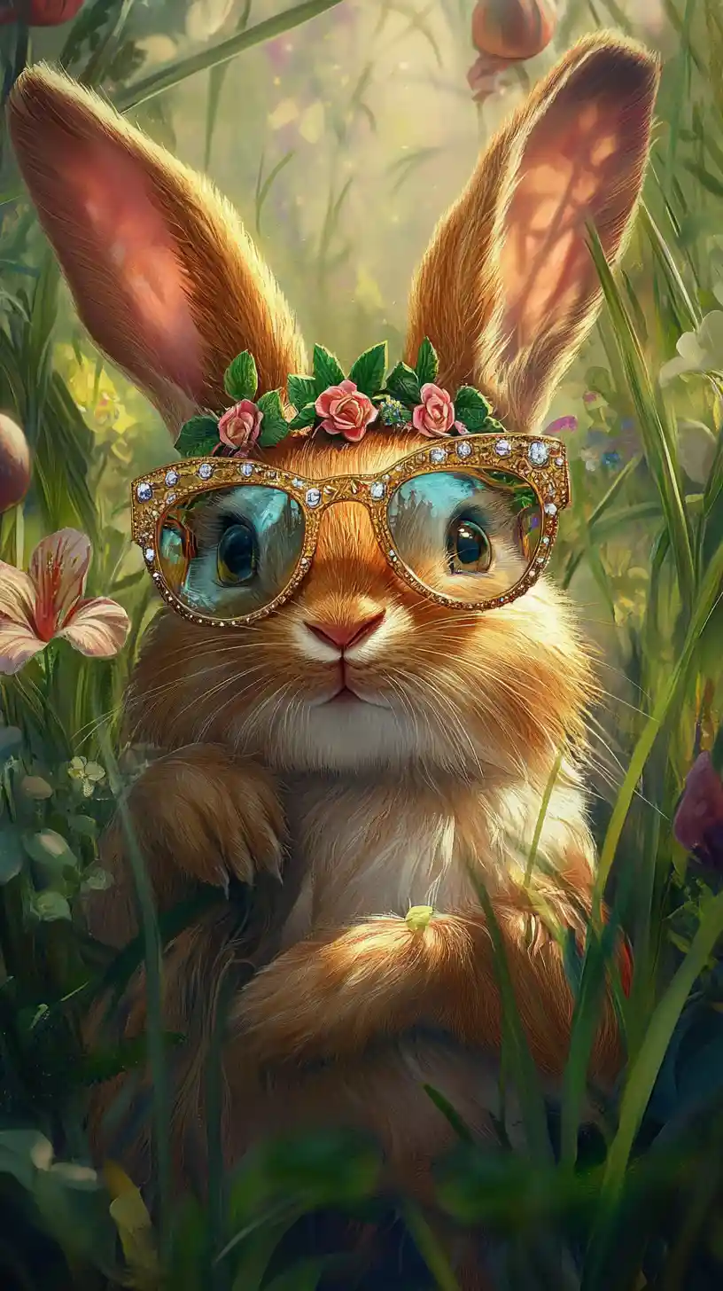 Golden glasses rabbit in a lush easter garden