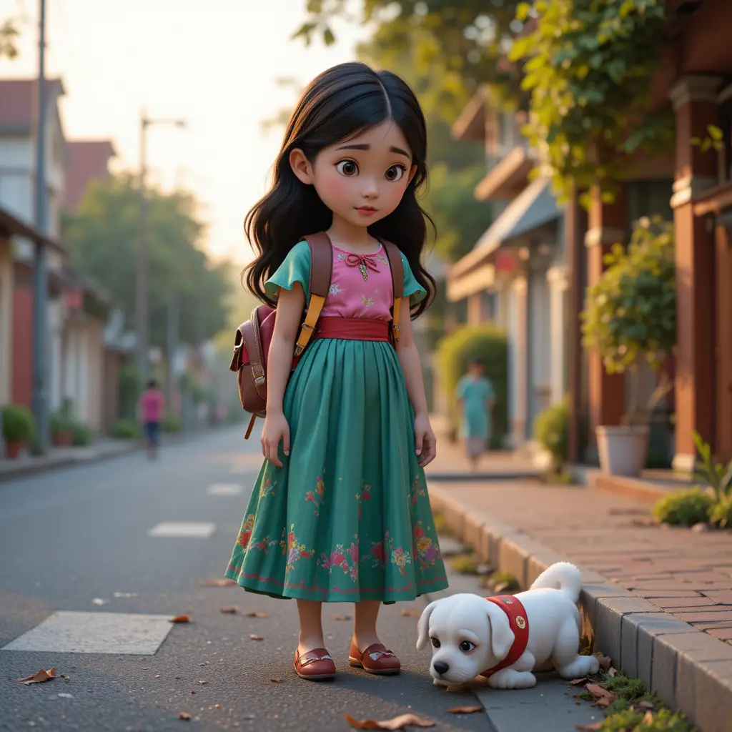 Young girl on quiet street with school bag at evening