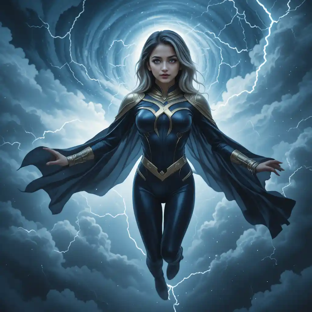 Storm goddess in the sky commanding lightning and wind
