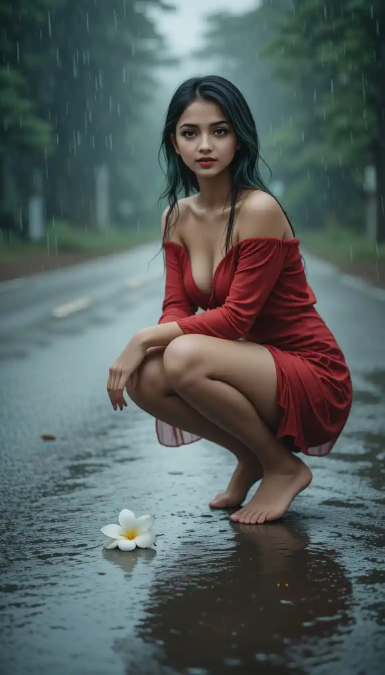Young woman with green hair on a rainy country road