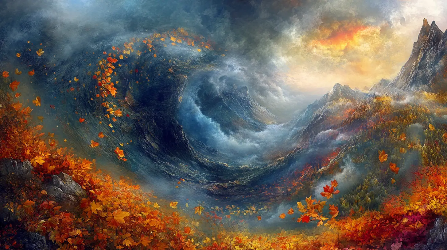 Surreal Autumn Landscape With Swirling Colorful Leaves
