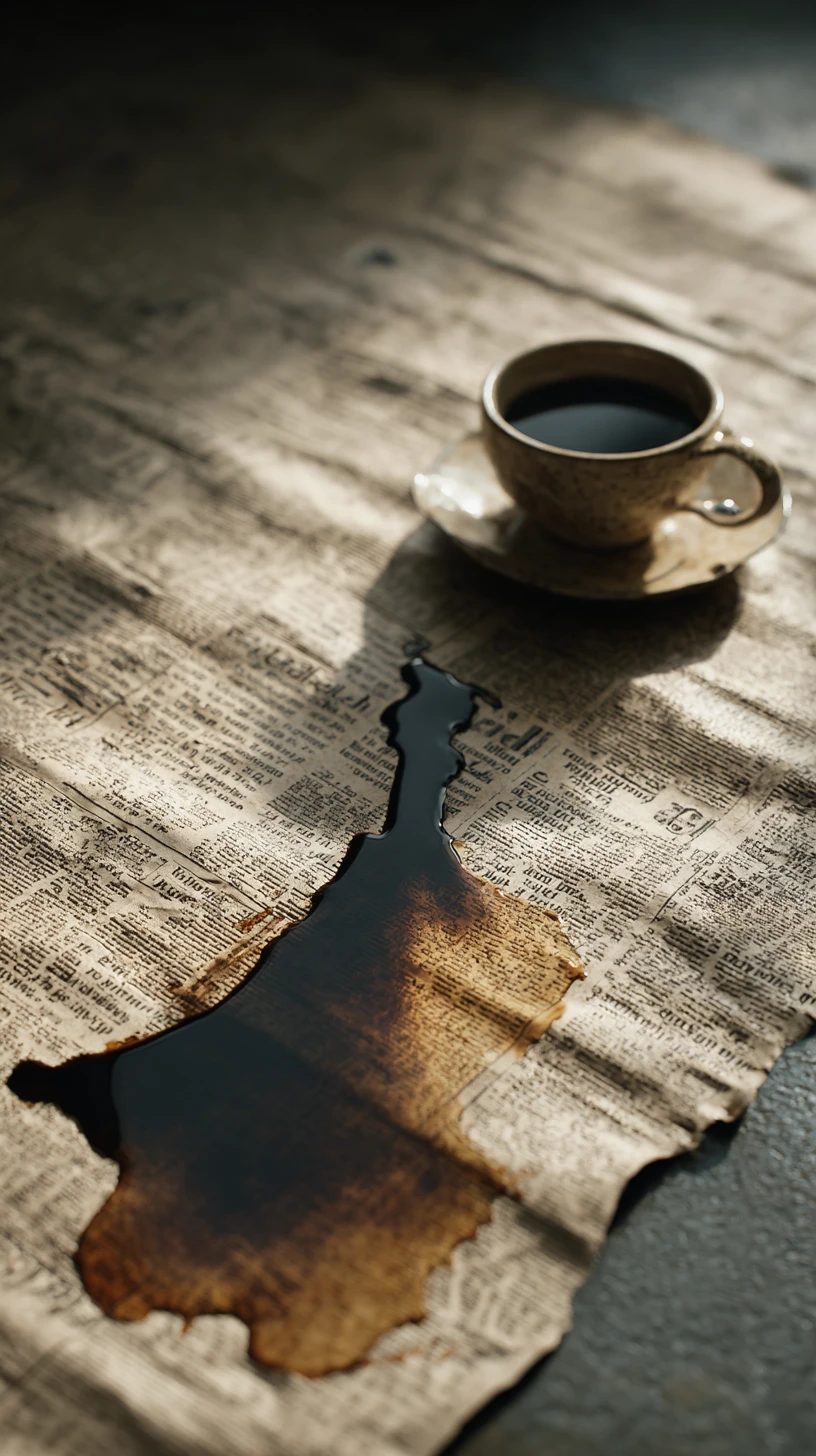 Taza de café derramada formando una silueta femenina sobre la mesa