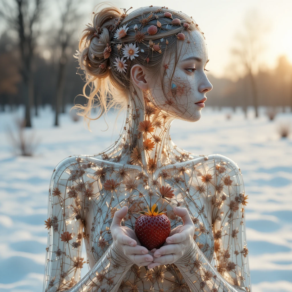 Femme transparente aux cheveux de verre tenant des fleurs séchées à l’aube