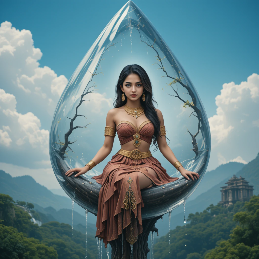 Aztec princess in a floating water droplet throne