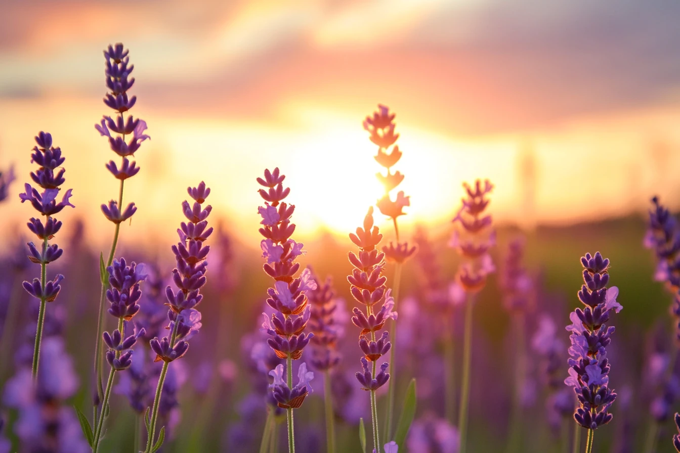 Campo de lavanda al atardecer con nubes suaves y luz cálida