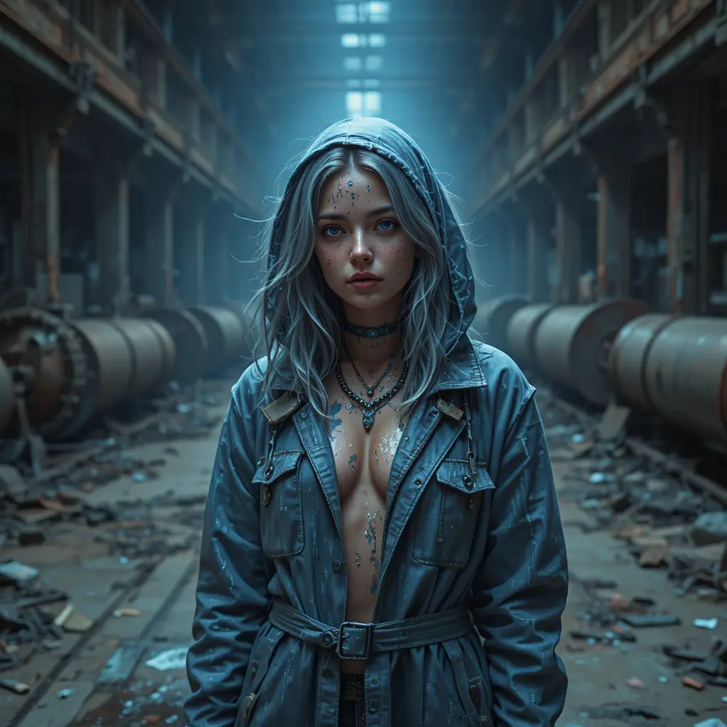Surreal woman dissolving into glitch code in dark factory