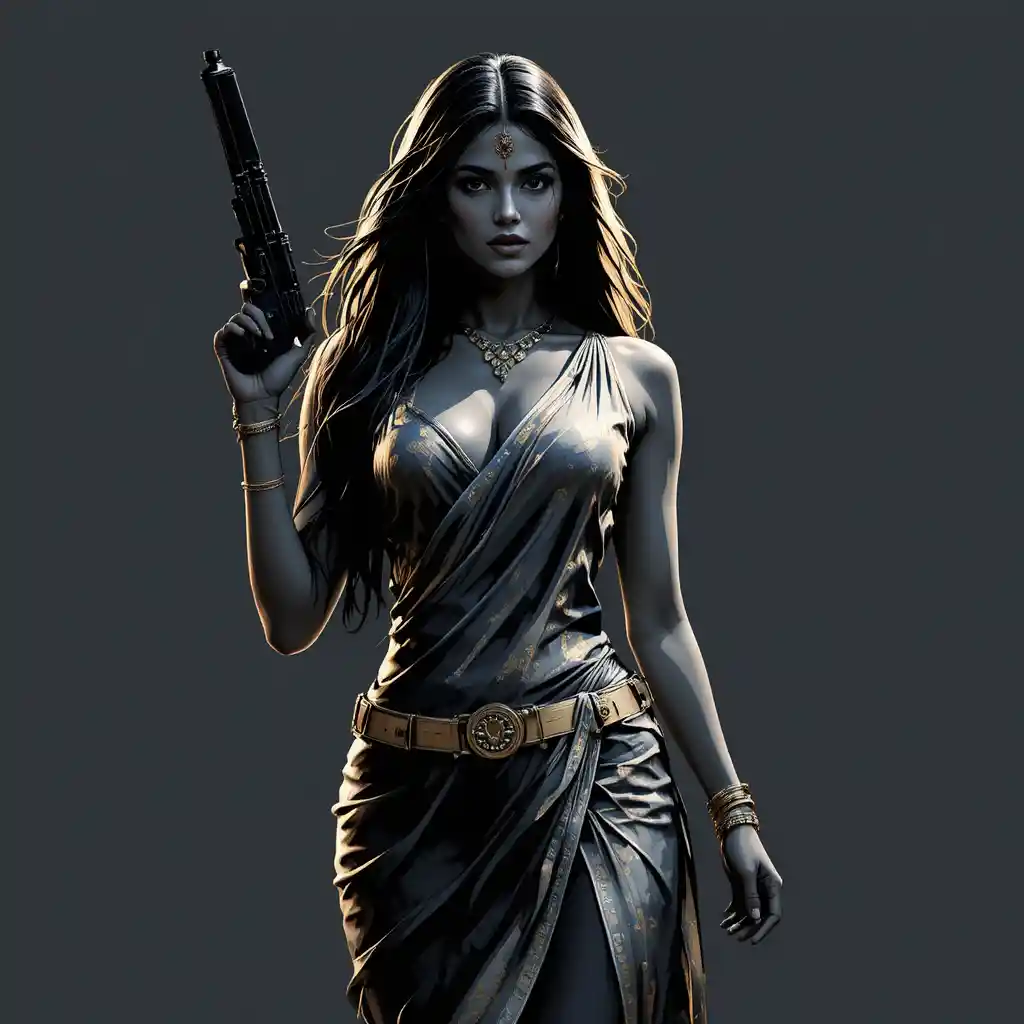 Guerrière indienne en silhouette tenant une arme en art vectoriel