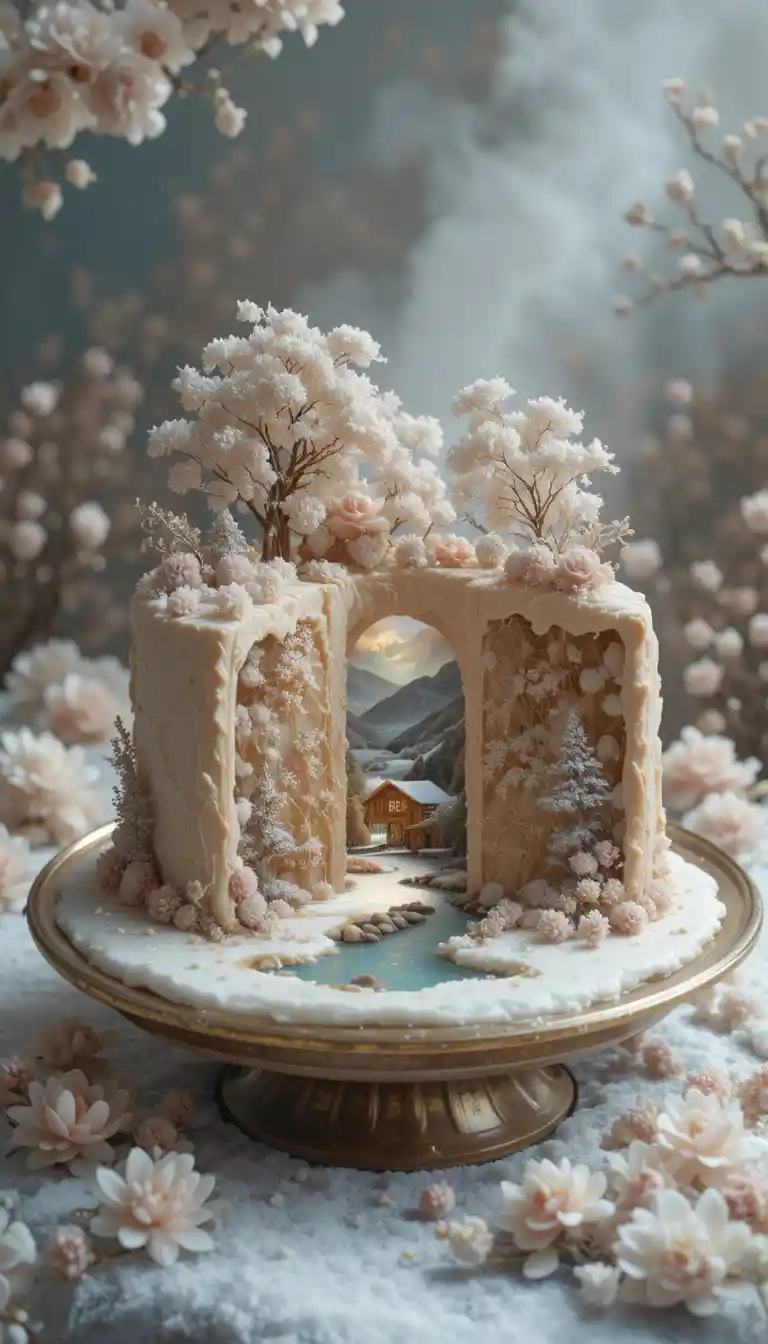 Porción de pastel de gelatina fantástico con aldea invernal en miniatura