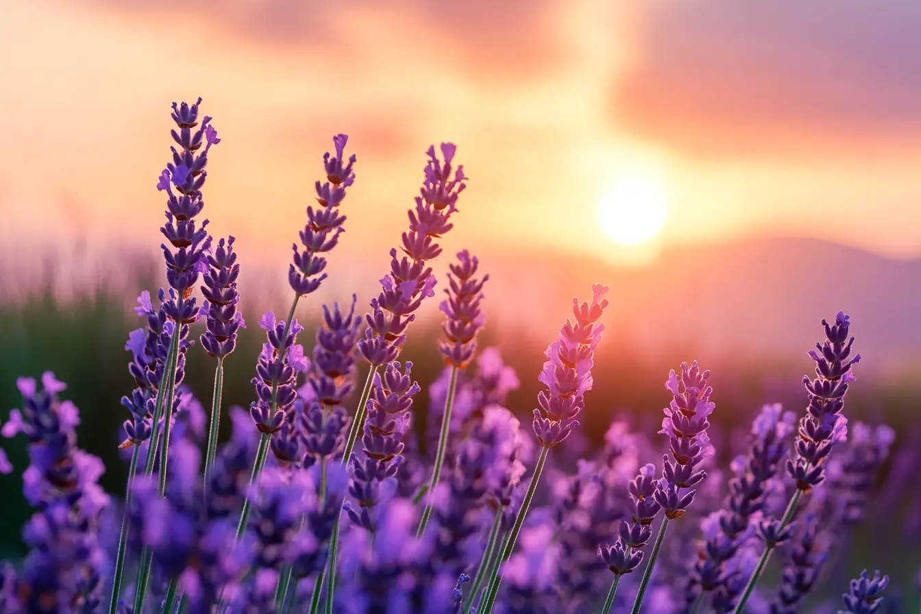 Campo de lavanda que se mece suavemente bajo un cálido atardecer