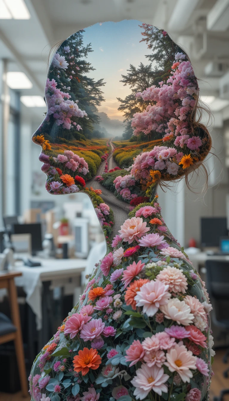 Silueta femenina floral en doble exposición en una oficina