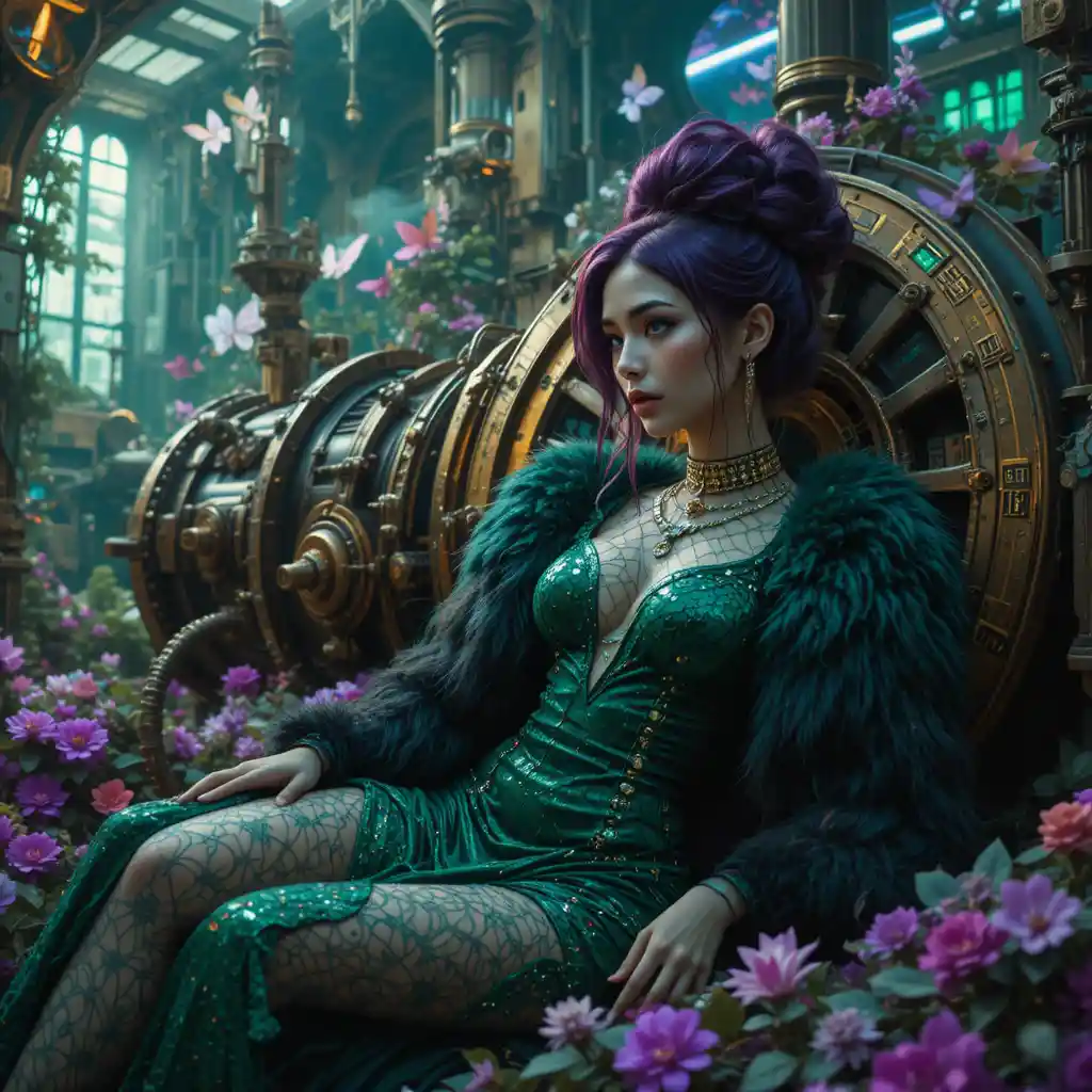 Futuristic fashion woman reclining in a surreal engine garden
