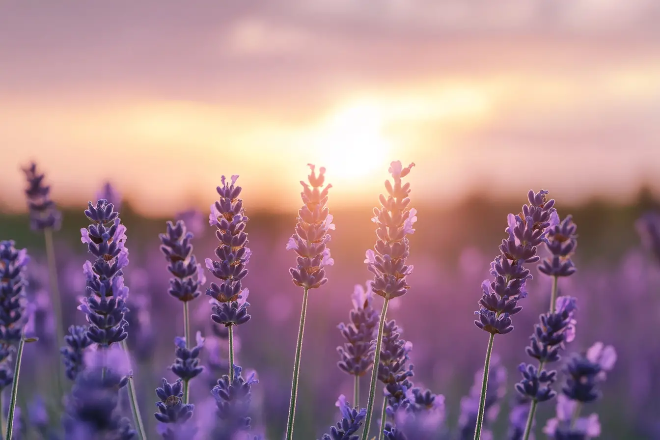 Campo de lavanda que brilla bajo un cálido cielo al atardecer