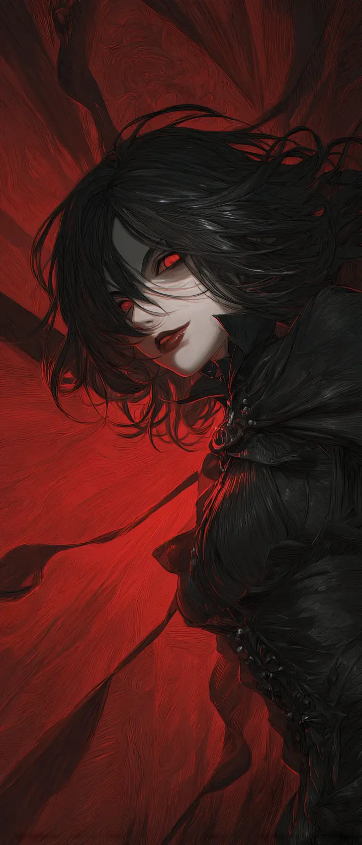 Vampire anime woman in dramatic red spotlight portrait