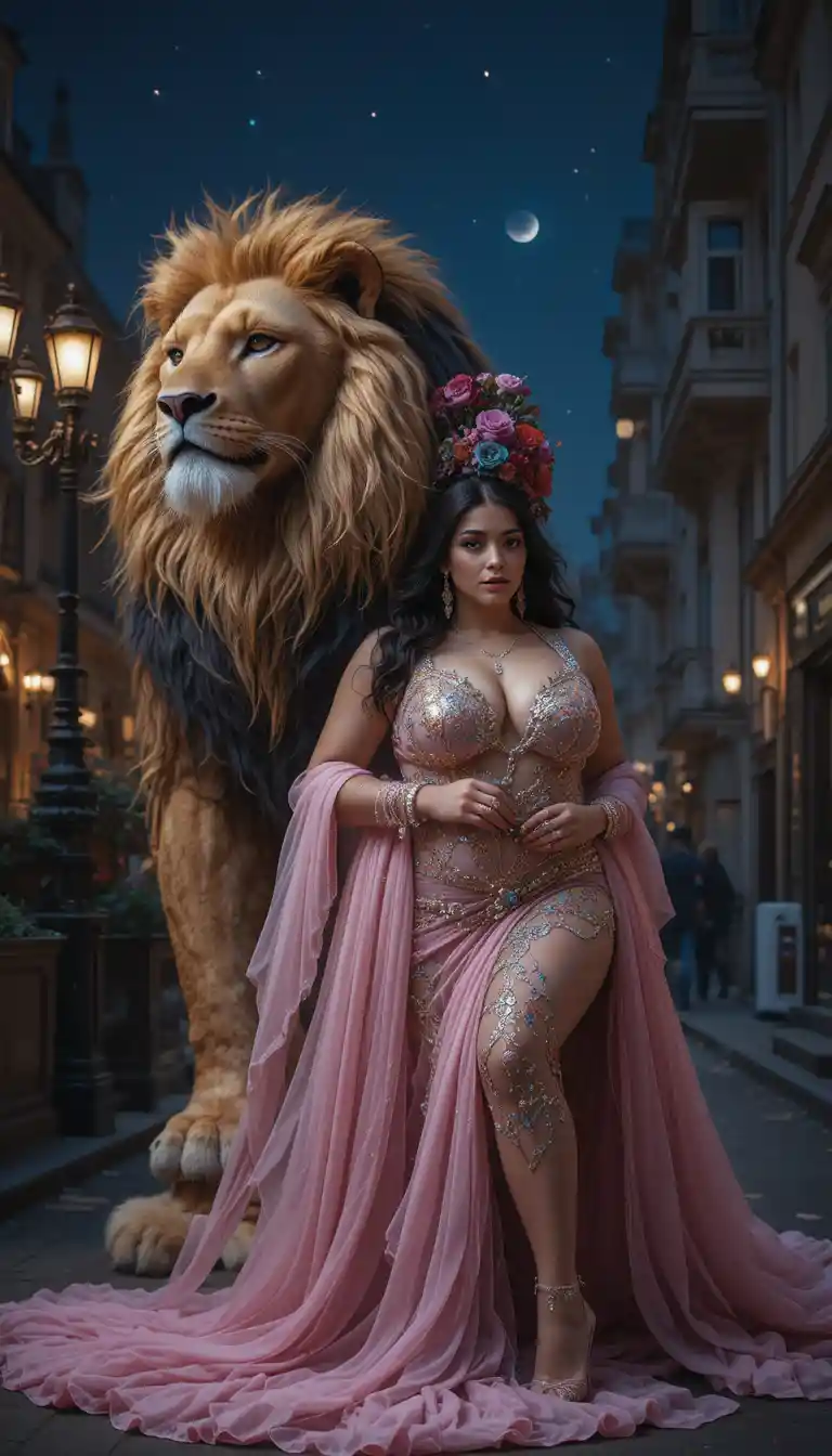 Elegant woman in luxury dress with lion in Paris night