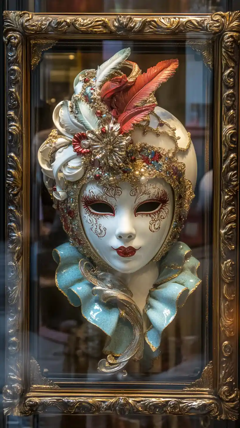 Colorful venetian carnival masks framed on interior wall