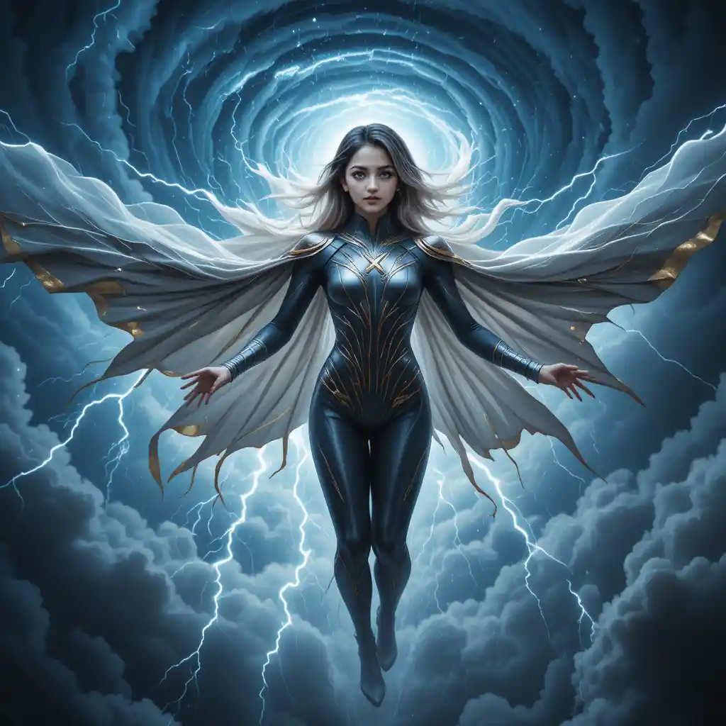 Storm goddess flying through lightning in a dark sky