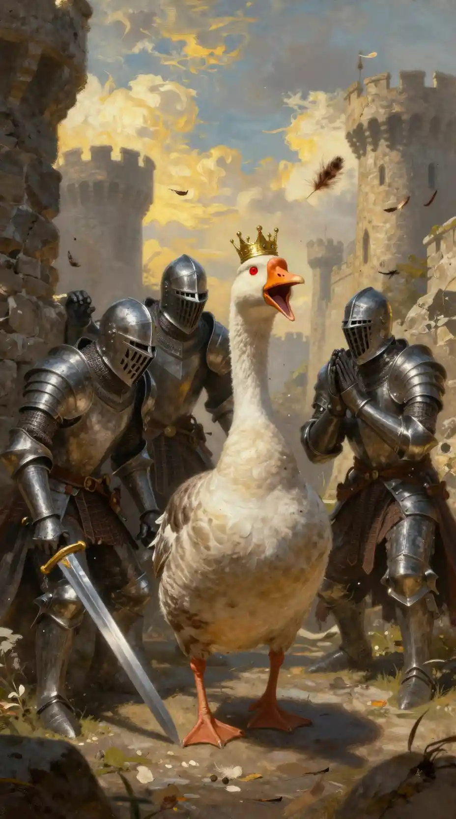 Armored knights cower from a crowned demon goose