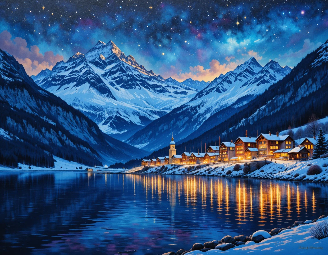Snowy mountain town lights reflecting on a calm lake